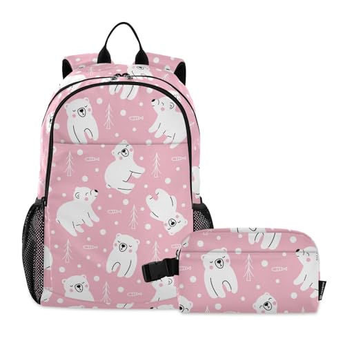 Animals Kids Backpack Cute Arctic Polar Bears Pinks School Bookbag with Lunch Bag for Boys Girls Preschool Kindergarten Elementary Laptop Daypack