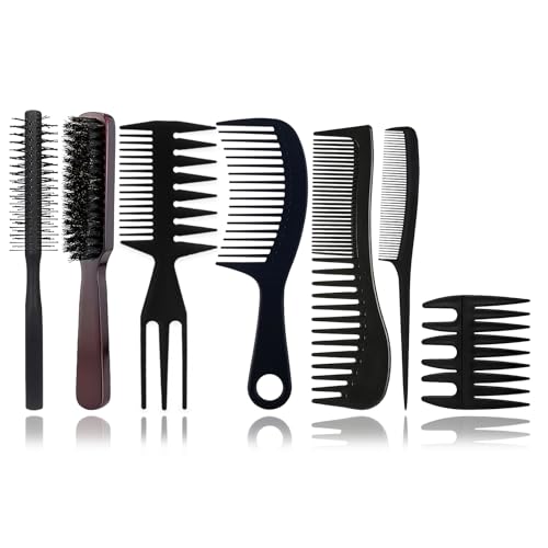 WhaleO 7Piezas Peines de Peluqueria Profesional Antiestático Peine Hombre Peine Puas Anchas Peine Barba Hombre Peine Redondo Hombre Cepillo Cerdas Naturales para Estilista de Salón Peluquero Peluquero