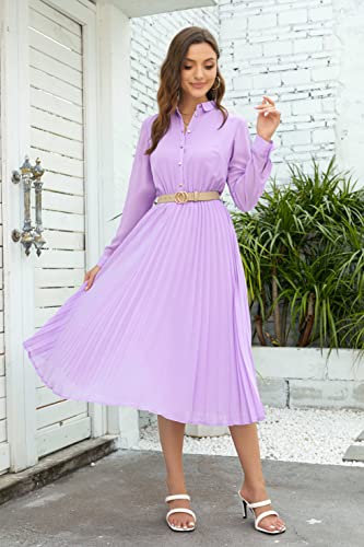 Image of Business Casual Shirt Dress for Women Long Sleeves Pleated Midi Dresses with Belt