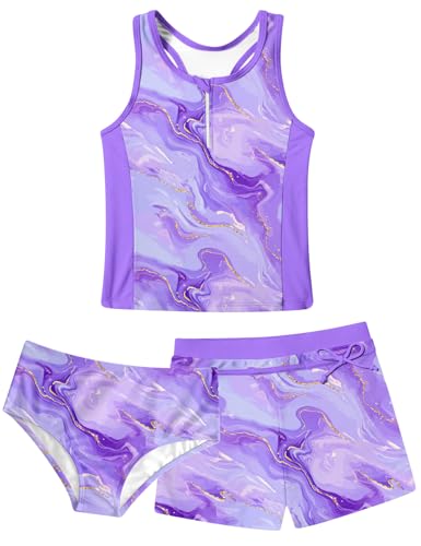 UNICOMIDEA Girls Swimsuits 3 Pieces Tankini Bathing Suit Kids Beach Zipper Bikini Swimwear with Shorts for 7-12 Years