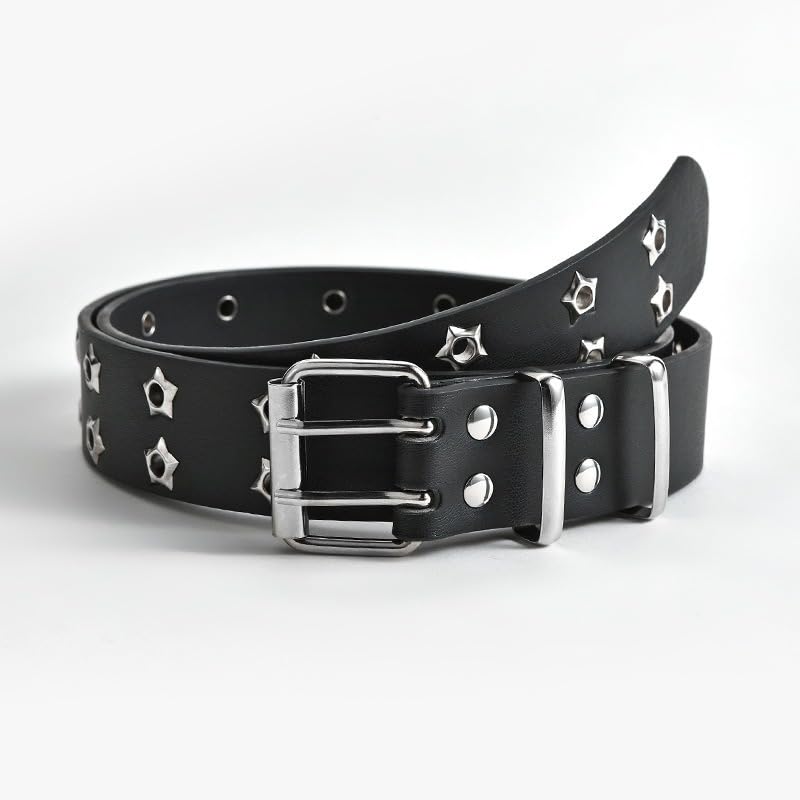 Punk Style Black Leather Belt for Women and Men, Fashion Wide Waist Belt with Star Studs Double Pin Buckle for Jeans Pants Streetwear3