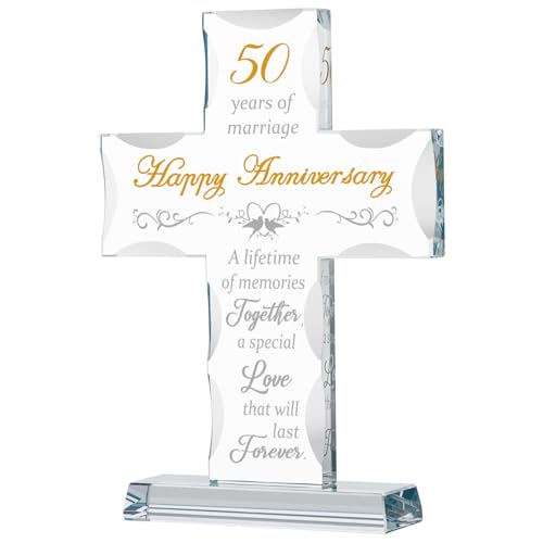 50th Wedding Anniversary Religious Gifts for Parents, Laser Engraved Glass Standing Cross for Couple Wife Husband Dad Mom, 50 Years Aniversary Decorations for Home Party
