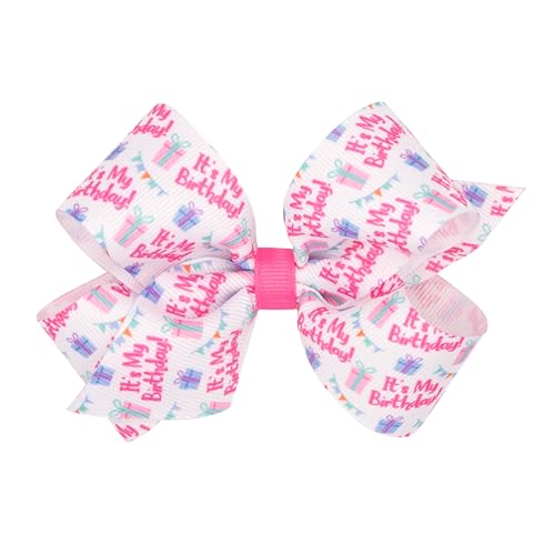 Moño de Cinta Grosgrain con Estampado de Cumpleaños para Niñas, Tamaño Medio o King, con Pinza Antideslizante WeeStay, Mediano, Es Mi Cumpleaños miniatura 1