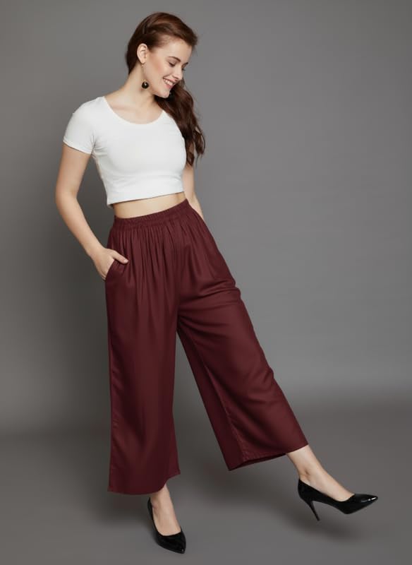 Image of Super Soft Viscose Rayon Flared Palazzo Pants for Women Stylish Wide Leg Straight Relaxed Fit Casual Ethnic Office Wear