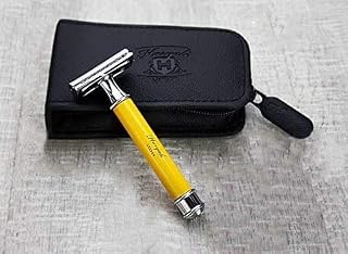 3 maquinillas de afeitar para hombre en color amarillo, perfectas para un afeitado profundo y limpio. Viene en un estuche de piel para mantener la navaja de afeitar segura.
