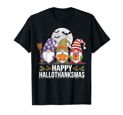 Feliz Hola Graciassmas 2024 Gnomos Murciélagos Halloween Acción de Gracias Camiseta