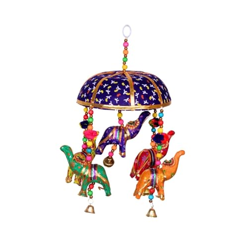 Image of Rajasthani Multicolor Elephants Jhoomer with Bell - Decorative Wind Chimes for Door & Wall Hanging, Ideal Home Decor & Gift Showpiece (Blue)