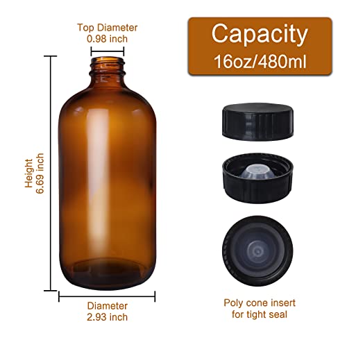 HWASHIN 12 Pack 16 oz Amber Boston Round Glass Bottles with Black Caps for Secondary Kombucha Fermentation and Lab Chemicals (2 Funnels and 20 Pieces Black Chalkboard Labels Included) by HWASHIN - Image 2