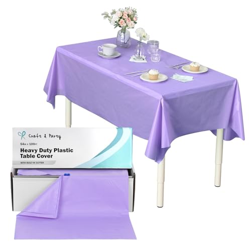 Craft And Party 54 in x 100 Feet Plastic Table Cover Roll for Party, Banquet, Picnic, Kids Activities for Any Size and Shape Table, Lavender