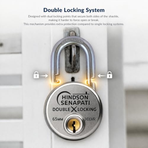 Image of HINDSON Same Key Lock Senapati 65mm Double Locking Padlock Pack of 2 with 10 Lever Security and 8 Same Keys | Heavy Duty Lock and Key for Home, Door and Gate Use