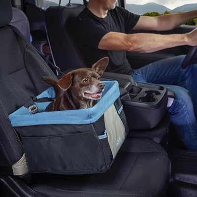 Kurgo Dog Booster Seat - Keeps Dogs Secure & Comfortable - Waterproof Exterior - Removable Washable Liner - Dog Car Seat with Harness Strap - Collapsible - Rover Style - Black/Blue