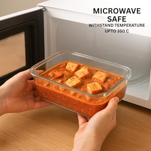 Image of Femora Borosilicate Glass Food Storage Containers with Lids Set of 7 (310ml x2, 520ml x2, 750ml, 1200ml, 1700ml) | Rectangular, Airtight & Leakproof | Microwave & Dishwasher Safe | Beige