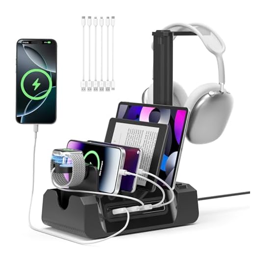 KDD Charging Station with 6 Charging Cables - Fast Charging 6 in 1 Cellphone Charging Dock with Headphone Stand and Watch Holder - 2 AC&USB A&USB C, Storage Station for Smartphone,Tablets, AppleWatch
