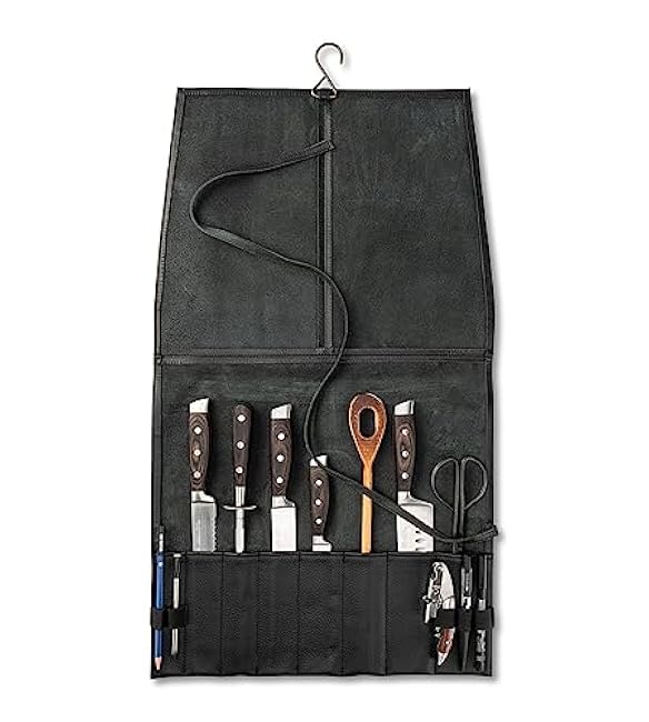 Leather Knife Roll Bag for Chef`s - Premium Knife Roll Case made of Genuine Water-Buffalo Leather, knives storage Bosse (black)