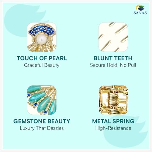 Image of Sanas Hair Clips For Women (1Pcs) Stylish Pearl Hair Accessories For Women Wedding Ready Style Korean Cute Things Traditional Yet Trendy Stylish Hair Clips For Girls Accessories (1Pcs) (Golden-Blue)