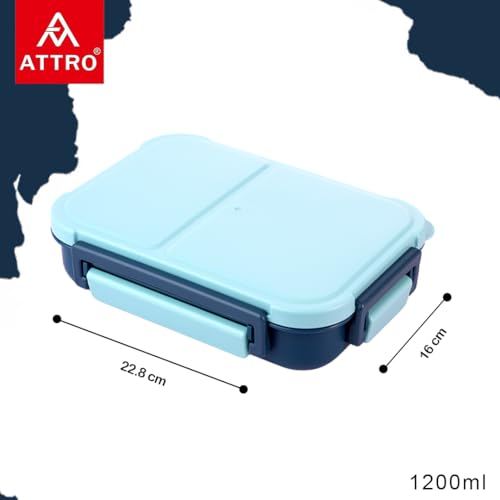 Image of ATTRO Gourmet 2 Compartment Lunch Box Portable Meal Organizer for Office, School BPA-Free, Food Grade, Freezersafe, Microwave & Oven Safe 1200ml Blue, Plastic