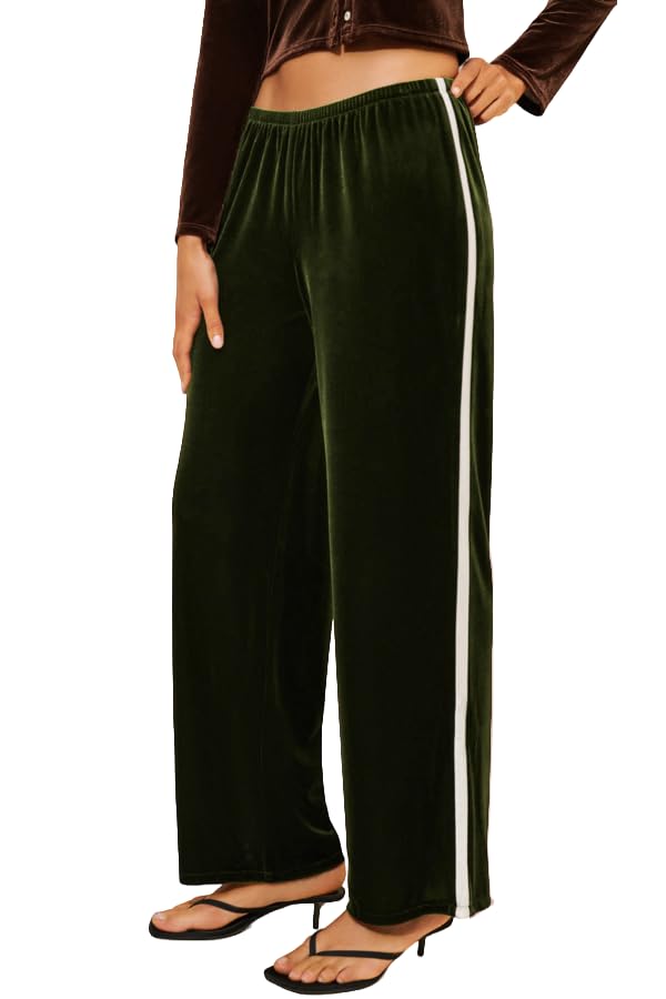 Xaspee Womens Velvet Pants Side Stripes Loose Fit Elastic Waist Wide Leg Long Trousers Casual Trendy Chic Bottoms