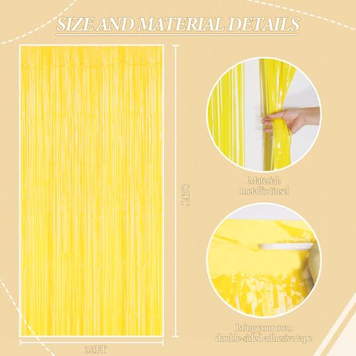 Image of DECOCKRAT 3 Pack Foil Fringe Backdrop - Pastel Yellow Shiny Tinsel Curtains for Party Decoration /Photo Booth Props - 3.3x8.2 FT Metallic Foil Backdrop for Birthday, Wedding, Graduation, Christmas.