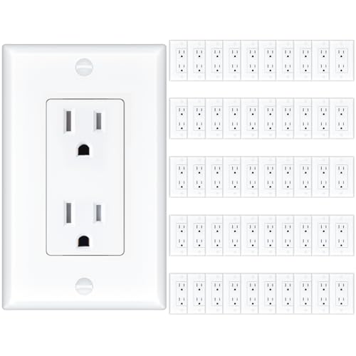 Amico 50 Pack Wall Outlet, 15 Amp Outlets, UL Listed, Tamper Resistant Standard Electrical Outlet, Decorator Receptacle with Wall Plate, Suitable for Home and Business, 125V/1875W, White