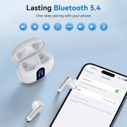 Wireless Earbuds, Bluetooth 5.4 Bass Stereo Headphones with 4 ENC Mic, 50H Playback Ear Buds with Charging Case LED Display,Sport Earphones IPX7 Waterproof for Phone, Android, Pad, White - 2