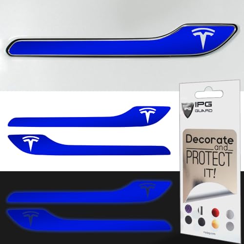 Image of IPG Compatible for Model 3 / Model Y /Juniper Door Handle Decal Sticker Wrap Kit (Set of 4) with Tesla Logo Personalize Your Tesla (Reflective Series - Blue)
