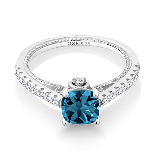 London Blue Topaz and White Sapphire Engagement Ring for Women | 925 Sterling Silver | Cushion 6MM | Sizes 5-9