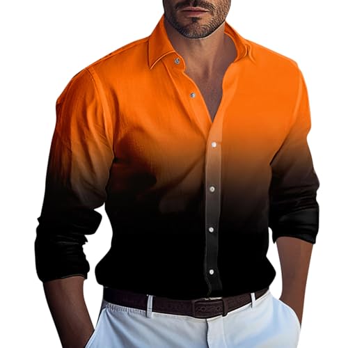 LUNULE Hemden Herren Langarm Hemd Weiss Gradient Druck Button Down Lässige Loose Fit Beach Shirt Freizeithemd Leicht Langarmshirt (Orange,M)
