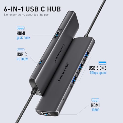 Image of Lemorele USB-C Hub 6-in-1 Dual HDMI Docking Station - Supports Multi-Monitor Display (A+B+C) on Mac OS and Windows, Featuring 4K HDMI Ports, 3 USB 3.0 Ports, and a 100W Charging Port