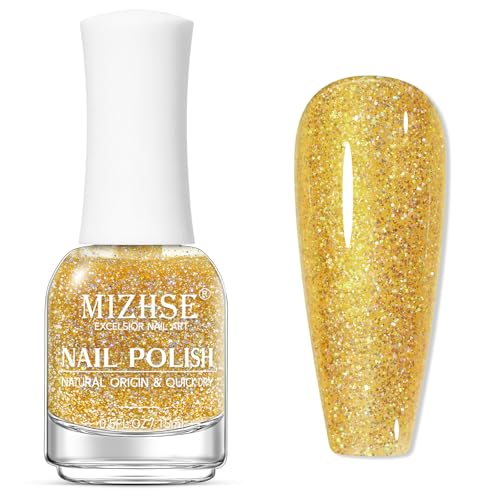 MIZHSE Quick Dry Nail Polish, Glitter Gold Nail Polish Sparkle Shimmery