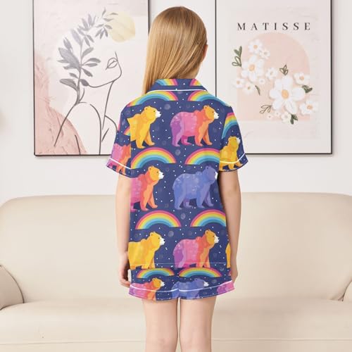 ALAZA Cartoon Bear Rainbow Pajamas Satin Pajama Set Short Sleeve Button Down Sleepwear4