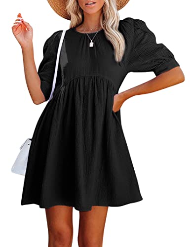 KOJOOIN Vestido de Túnica para Mujer Vestido Informal de Ocio Mini Vestidos con Escote Plisado, Vestido de Playa con Dobladillo Suelto Vestido de Verano Negro S Cover