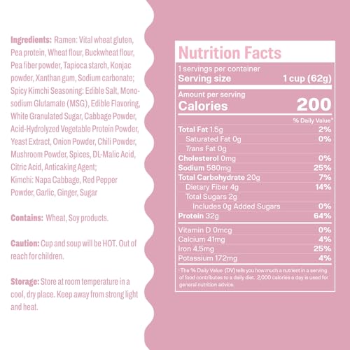Image of Hethstia Protein Ramen, Spicy Kimchi Flavor, 6-Pack Instant Healthy Noodle Soup Cups, 32g Plant Protein, Vegan Pre-Packaged Ramen Meal, Low Fat, Non-GMO, Non-Fried, Air-Dried, Healthy Noodle Broth