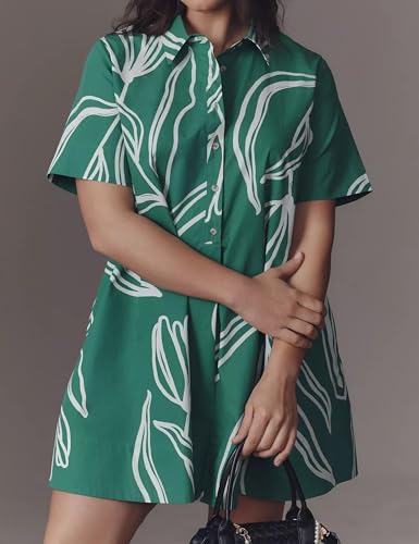Image of Women's Short Sleeve Swing Tunic Mini Dress Button Up Blouse Shirt Summer Loose Casual Flowy A Line Short Dresses Green Flower
