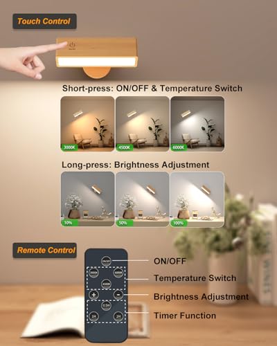Image of DetarZinLED Wooden Wall Sconce Battery Operated with Remote,Rechargeable Wall Lights for Bedroom with 3 Color Temperature, Magnetic, Stick-On, Dimmable Wall Reading Lights (Beechwood, 1 Pack)