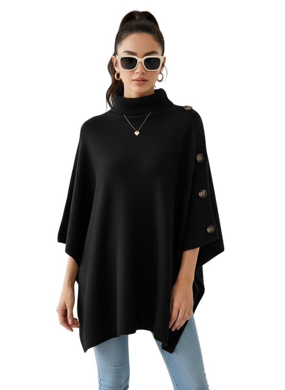 Womens Turtleneck Knit Sweater Oversized Cape Sleeve Asymmetric Hem Fall Winter Sweaters Casual Pullover Poncho Tops
