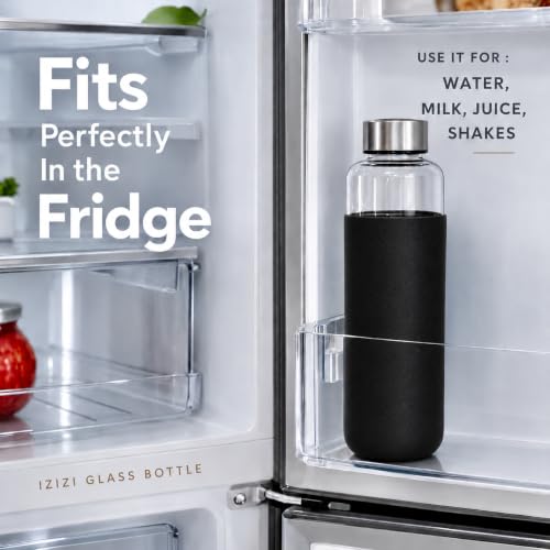 Image of Borosilicate Glass Water Bottle with Silicone Cover | 1 Litre 1000ml | Thermal Shock Resistant | Leakproof Steel Cap | BPA Free | Home Office Gym Fridge