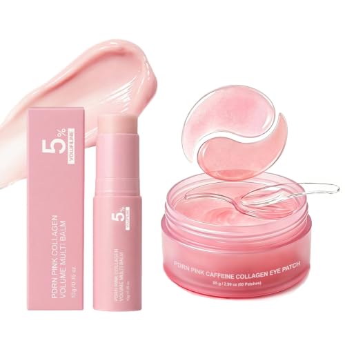 Pink Collagen Volume Multi Balm Stick & 60 Pcs Under Eye Patches, All In One Hydrating Plumping Stick, Caffeine Under Eye Care for Under-Eyes, Face, Forehead, Neck, Lips