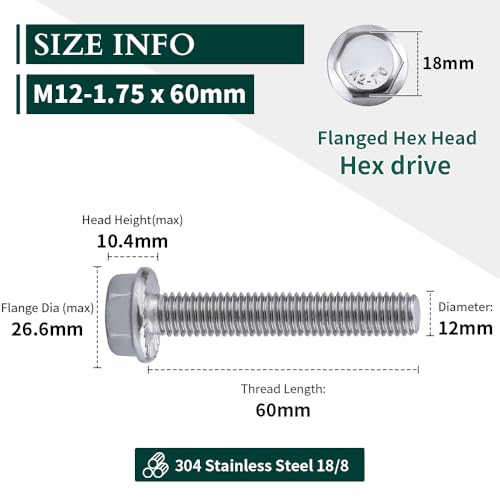Image of M12-1.75 x 60mm Hex Flange Bolt (2.36 inch Thread Length), DIN6921, Serrated Locking Flange, 304 Stainless Steel, UNC Full Thread, 5-Pack