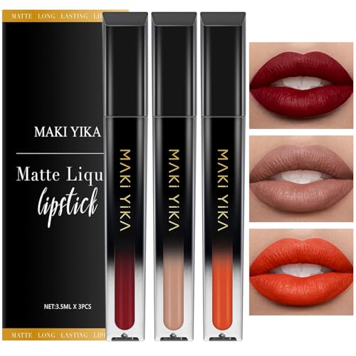 Image of MAKI YIKA 3Pcs Matte Liquid Lipstick Set Dark Red Nude Orange Lipsticks