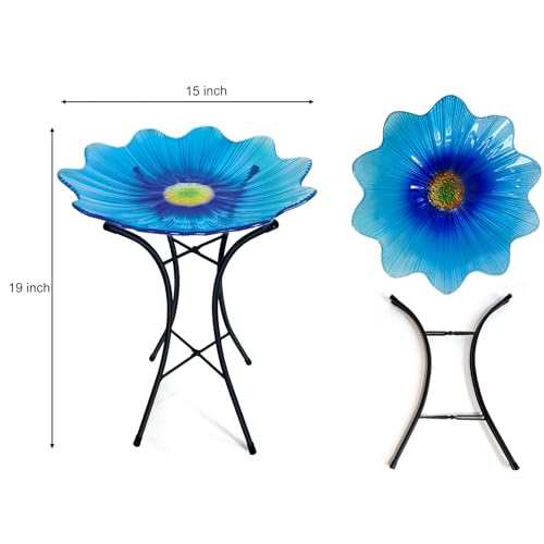 Image of HONGLAND Bird Bath for Outside,15 inch Diameter Large Glass Birdbaths for Outdoors,Detachable Bird Baths Bowl with Metal Stand for Garden Patio Lawn Decor,19 inch Height - Blue
