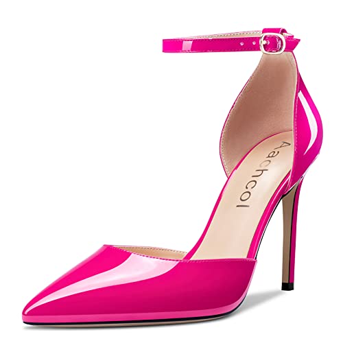 Aachcol Women Stiletto High Heel Pumps Ankle Strap Two-Piece Pointed Toe Dress Shoes Office Party Wedding Patent 4 Inch