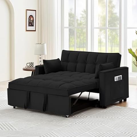 KIVENJAJA Convertible Sleeper Sofa Bed, Velvet Tufted Loveseat Couch with Pull Out Bed, Small Love Seat Futon Lounge Sofa Bed with 2 Pillows for Living Room Apartment, 55.2”W (Black) Cover