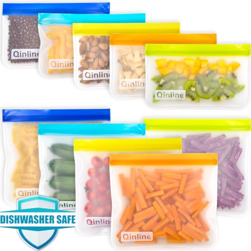 Qinline Reusable Food Storage Bags - 10 Pack Dishwasher Safe Freezer Bags, BPA Free Silicone, Leakproof for Marinate Salad Fruit Travel - 5 Sandwich 5...