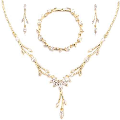 CERSLIMO Parure de bijoux argenté/doré/or rose - Ensemble de bijoux de mariage - Avec zircone cubique 5A - Collier et boucles d'oreilles - Plaqué or blanc -...
