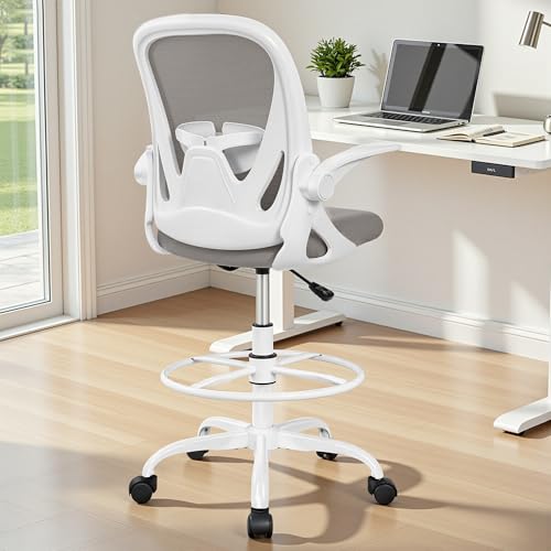 Image of Ergonomic Drafting Chair with Flip-Up Armrests & Adjustable Footrest - Tall Office Chair for Standing Desks, Lumbar Support, Gray - Home & Office Comfort