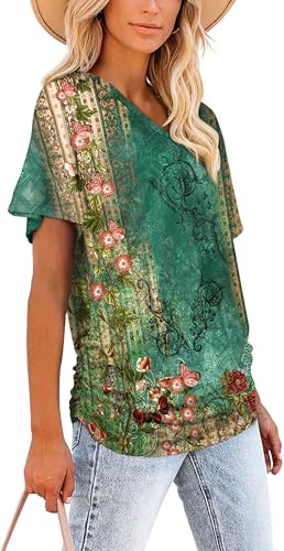 Image of WIHOLL Womens Summer T-Shirts Short Sleeve V Neck Dolman Tops with Side Shirring Loose Fit Shirts Spring Fashion