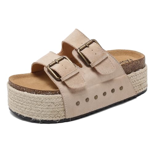 zaxunai Pantoletten Damen mit Kork-Fußbett Bequeme Plateau Sandalen & Slides für Damen mit Verstellbaren Riemen Sommer Hausschuhe mit Doppelten Schnallen und Rutschfesten Sohlen