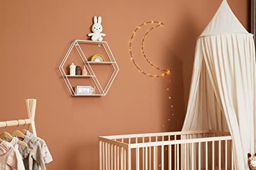 LIFA LIVING Wall Shelf 4 Tiers, Hexagonal Wall Shelf in MDF Wood and White Metal, Decorative Shelf, Floating Shelf for Kitchen, Bedroom, Bathroom, 51x11x58 cm