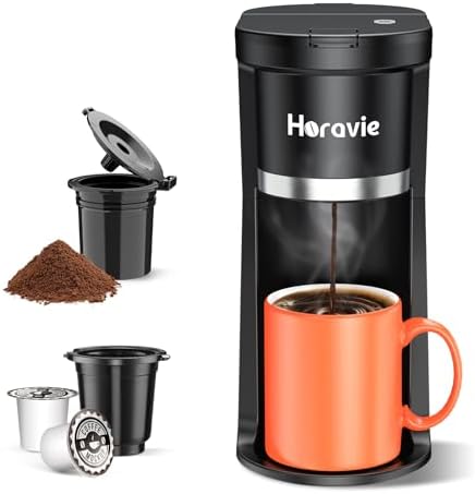 Horavie Small Single Serve Coffee Maker, Fast Brew One Cup Coffee Machine for K Cup and Grounds, 6 to 12 oz. Brew Sizes, Capsule Coffee Machine with Descaling Reminder and Viewing Tank, Black