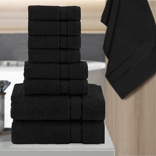 Image of Elegant Comfort Premium Cotton 8-Piece Towel Set, Includes 4 Washcloths, 2 Hand Towels and 2 Bath Towels, 100% Turkish Cotton - Highly Absorbent and Super Soft Towels for Bathroom, Black